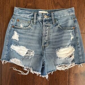 Western Boho Style Distressed High Rise Button Fly Raw Jean Shorts XS /‎ 2 CELLO